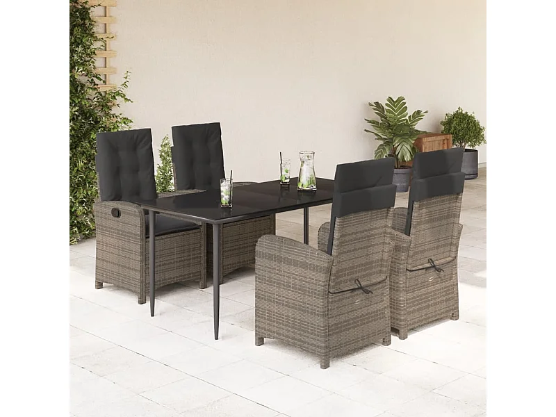 Set comedor de jardín 5 piezas con cojines ratán sintético gris