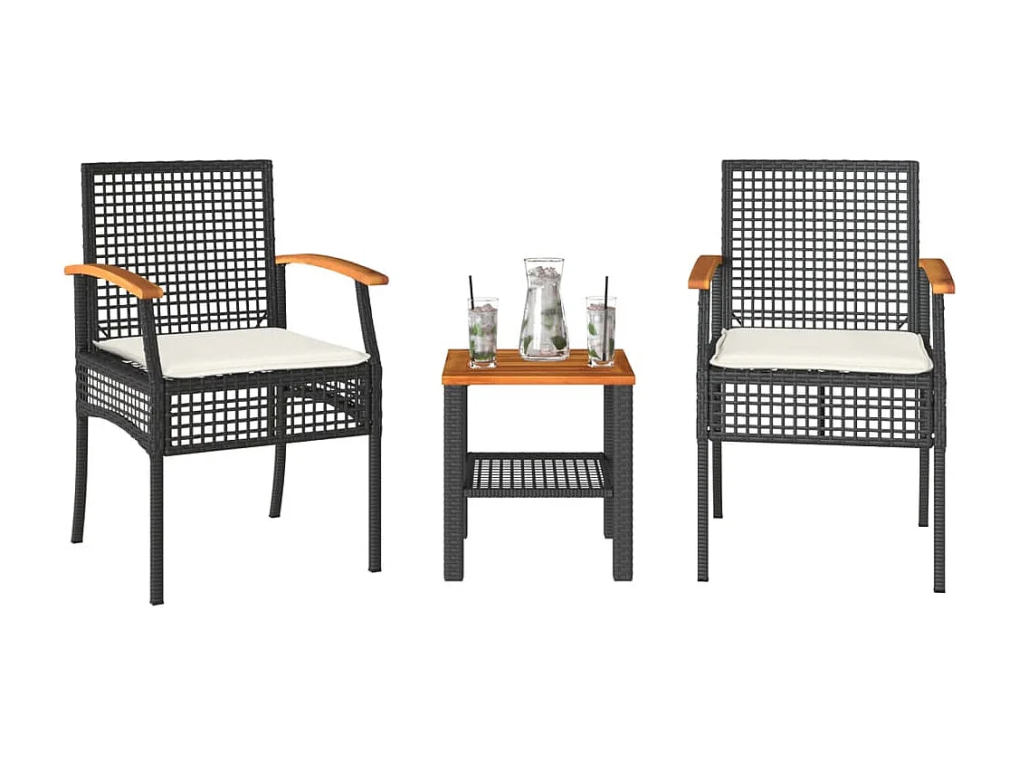 Set da Bistrò 3 pz con Cuscini Nero Polyrattan e Legno Acacia