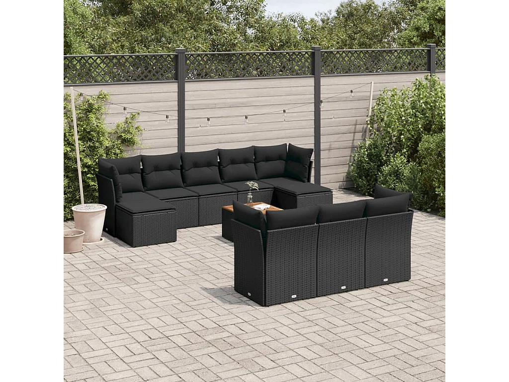 11-tlg. Garten-Sofagarnitur mit Kissen Schwarz Poly Rattan