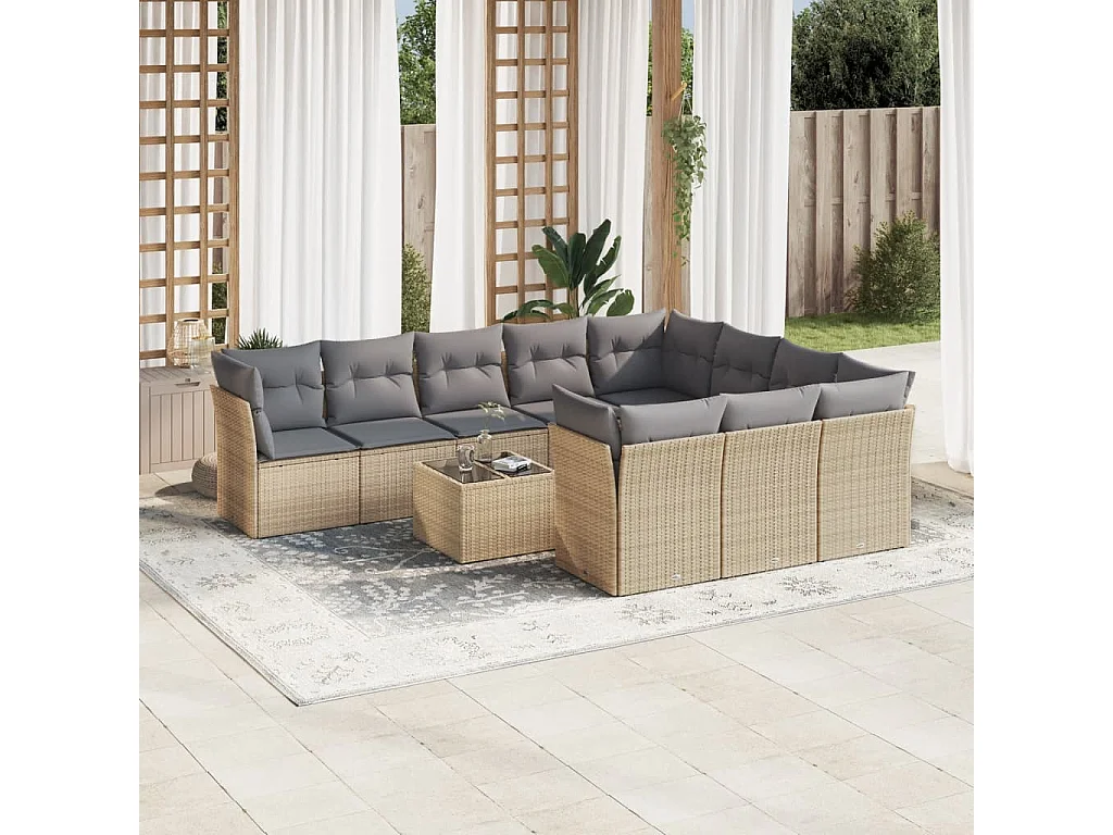 Salon de jardin 11 pcs avec coussins beige résine tressée