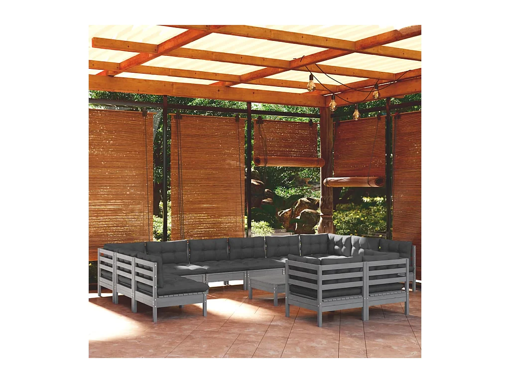 Salon de jardin 13 pcs avec coussins gris bois de pin