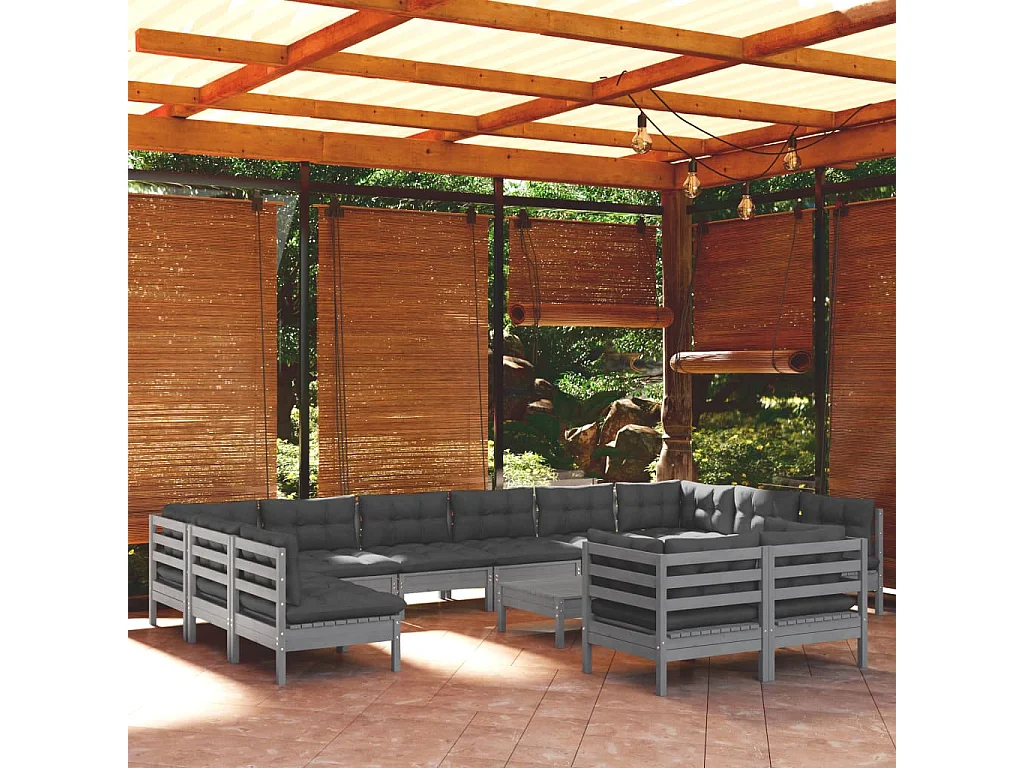 Set Divani da Giardino 13 pz con Cuscini Grigi Massello di Pino