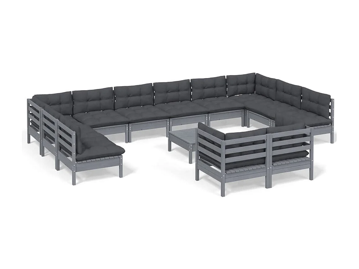 Set Divani da Giardino 13 pz con Cuscini Grigi Massello di Pino