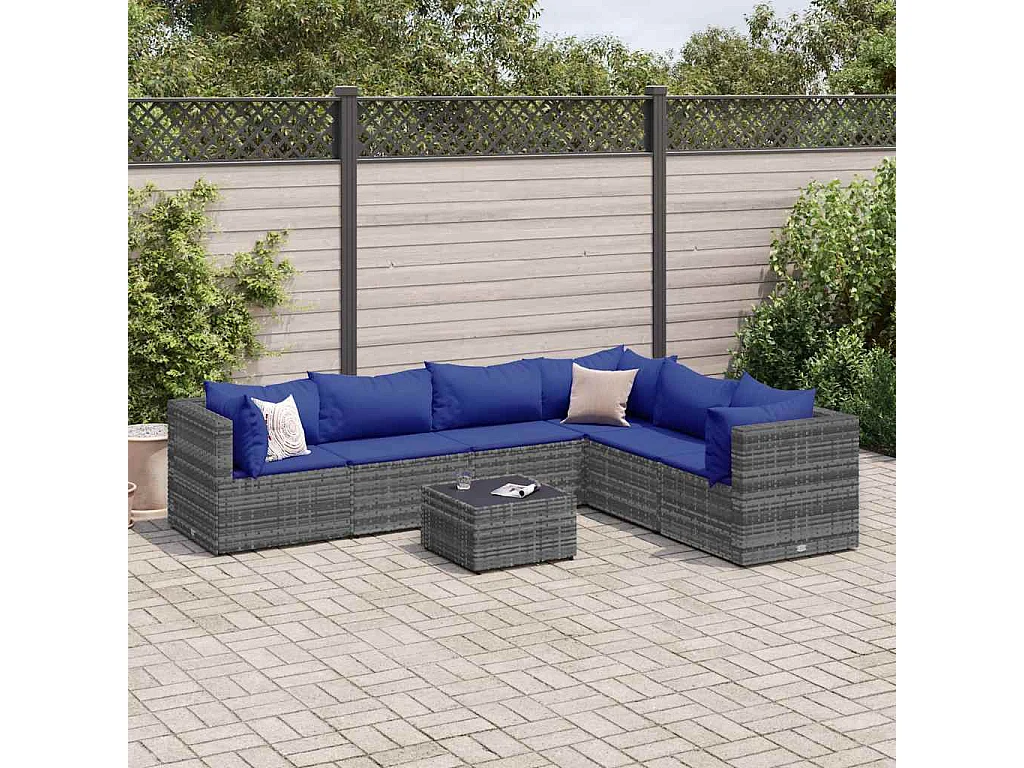 7-tlg. Garten-Lounge-Set mit Kissen Grau Poly Rattan