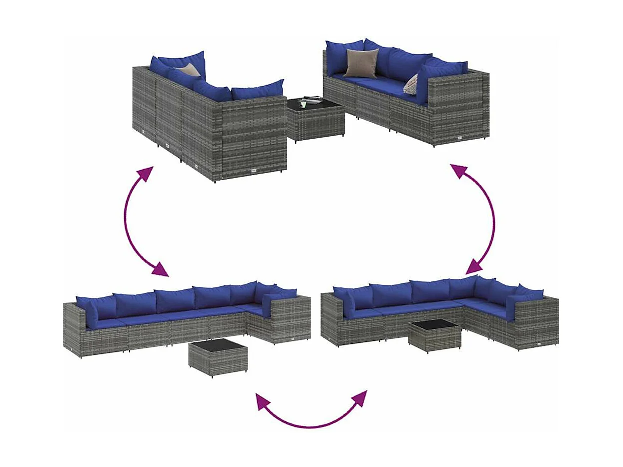 7-tlg. Garten-Lounge-Set mit Kissen Grau Poly Rattan