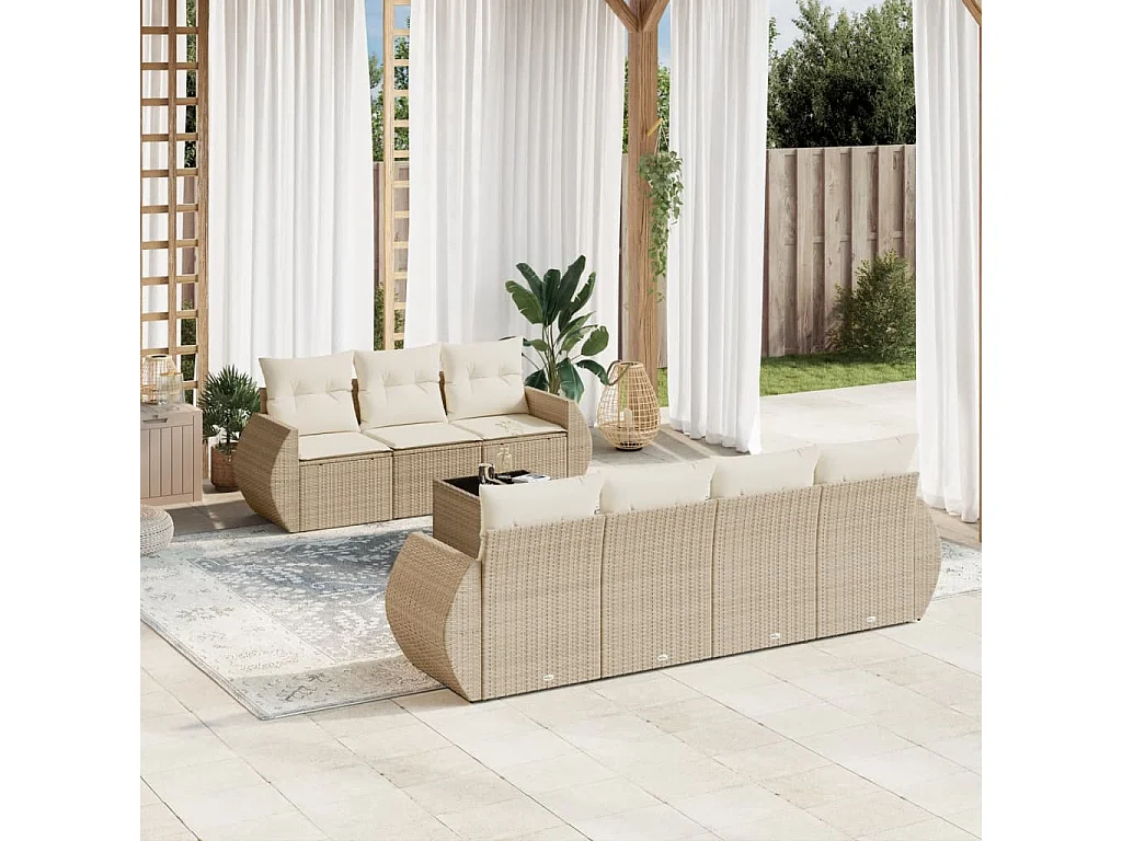 Salon de jardin avec coussins 8 pcs beige résine tressée