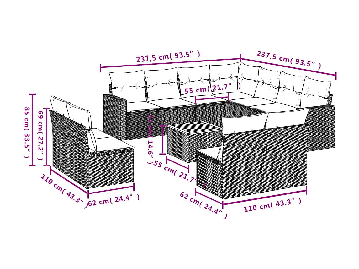 12 pcs conjunto de sofás de jardim c/ almofadões vime PE preto