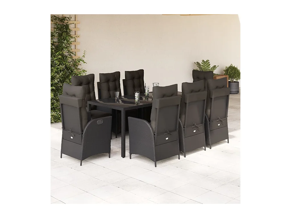 Ensemble à manger de jardin 9pcs coussins noir résine tressée