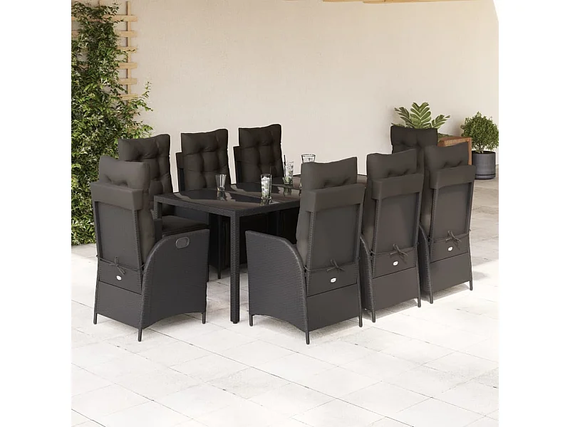 9-tlg. Garten-Essgruppe mit Kissen Schwarz Poly Rattan