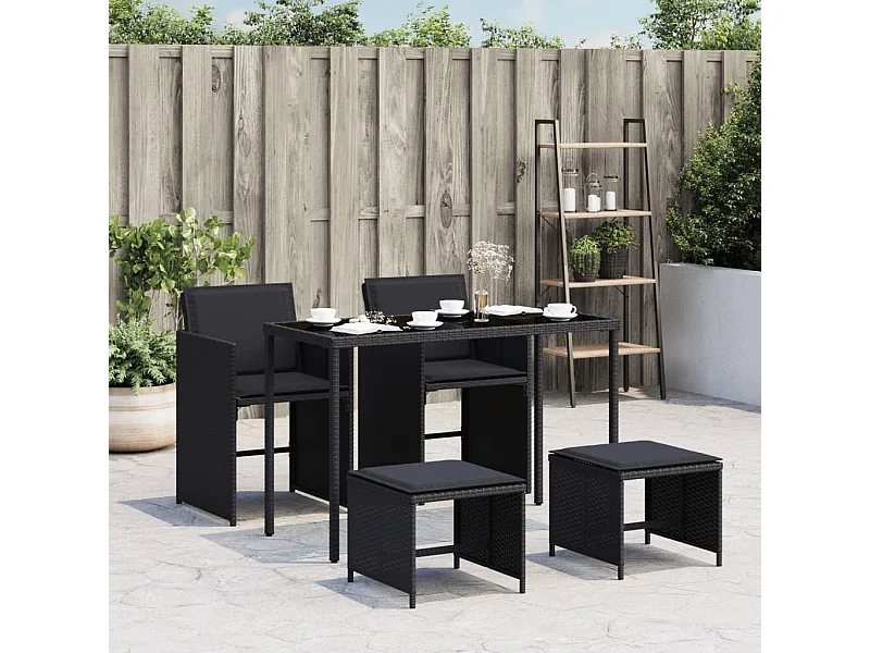 5 pcs conjunto de jantar p/ jardim c/ almofadões vime PE preto