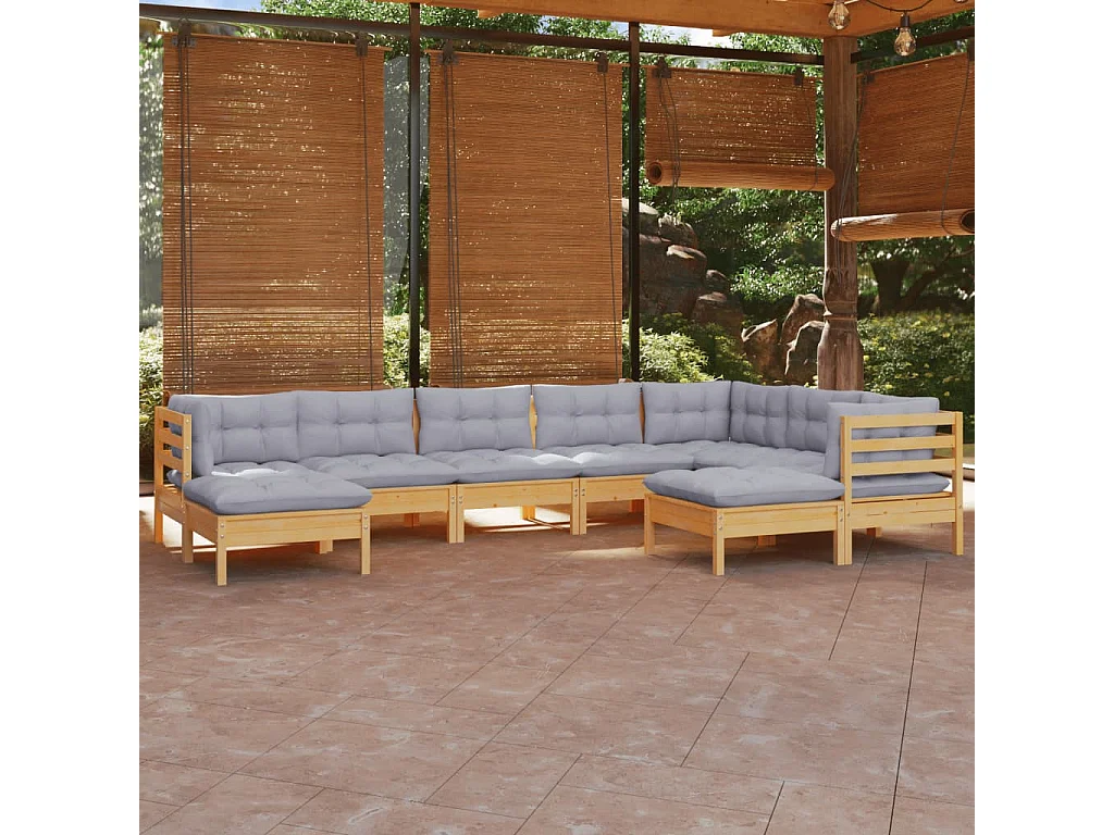 9-tlg. Garten-Lounge-Set mit Grauen Kissen Kiefer Massivholz