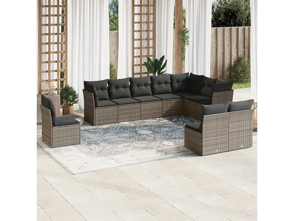 Set de sofás de jardín 10 pzas con cojines ratán sintético gris