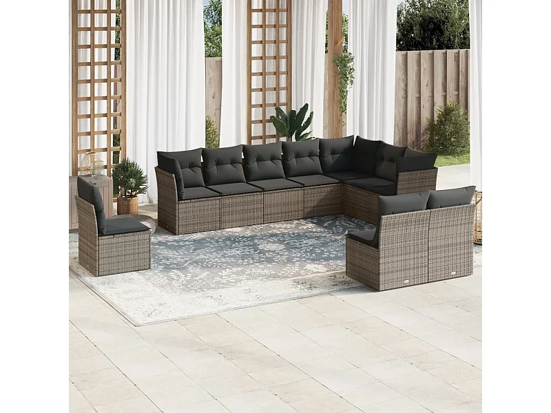 Set de sofás de jardín 10 pzas con cojines ratán sintético gris