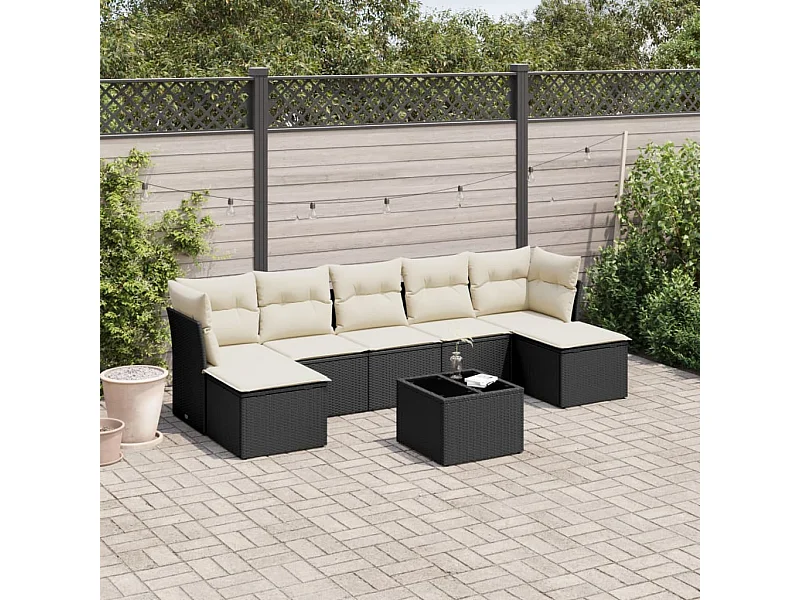 8 pcs conjunto sofás de jardim com almofadões vime PE preto