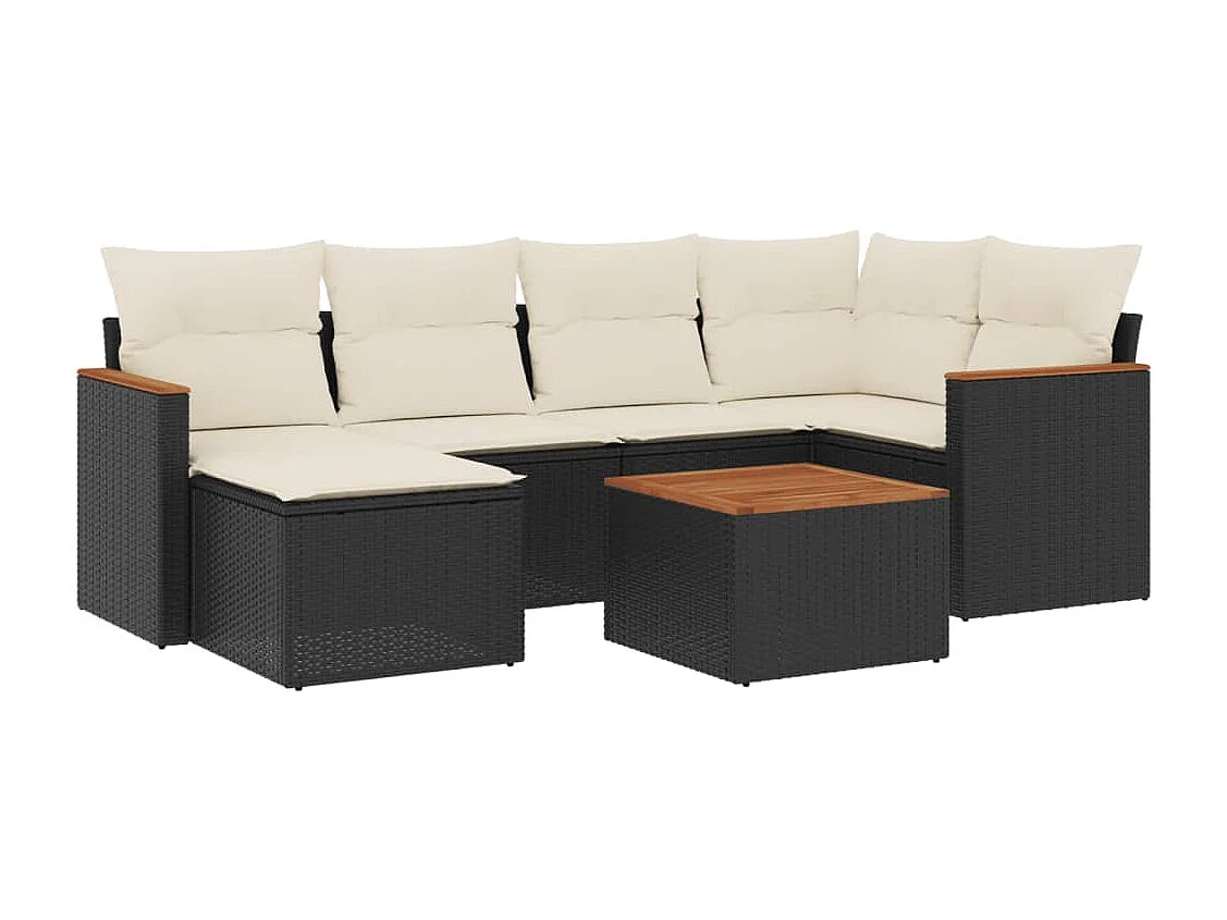 Salon de jardin 7 pcs avec coussins noir résine tressée