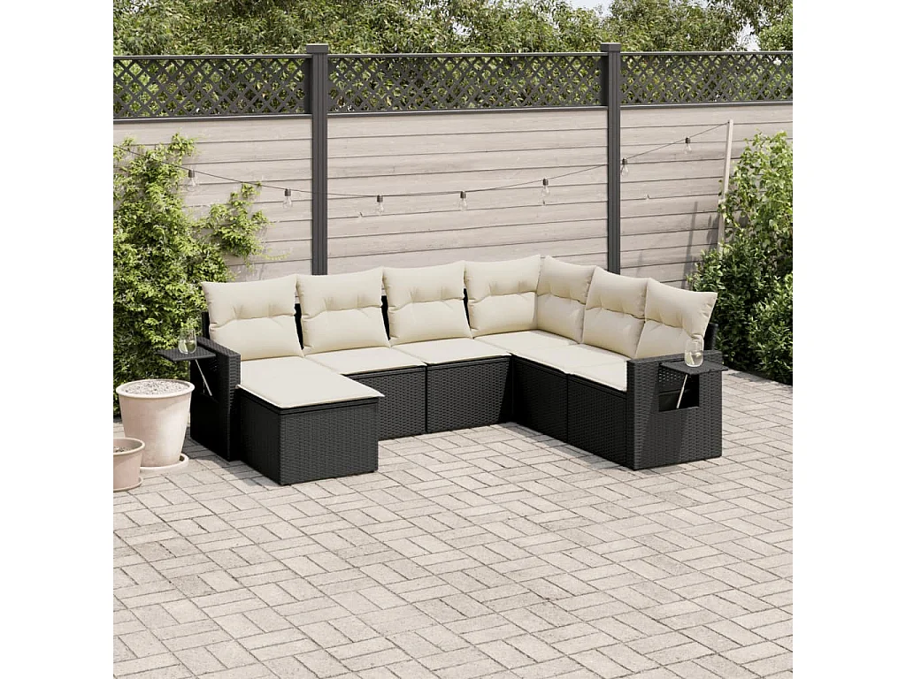 7-delige Loungeset met kussens poly rattan zwart