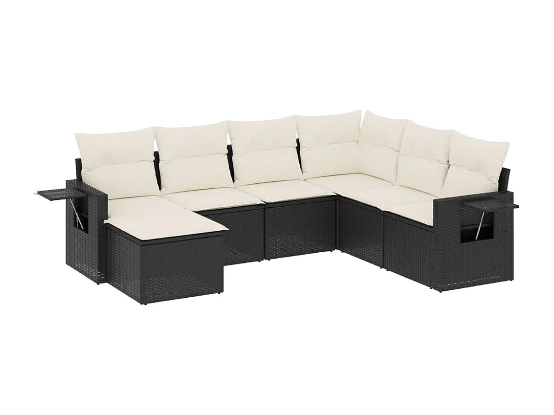 7-delige Loungeset met kussens poly rattan zwart