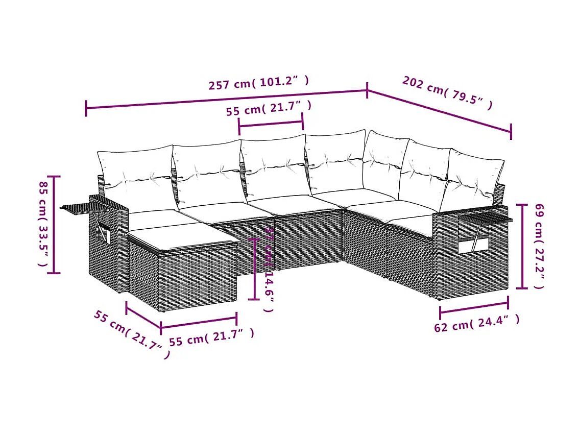 7-delige Loungeset met kussens poly rattan zwart