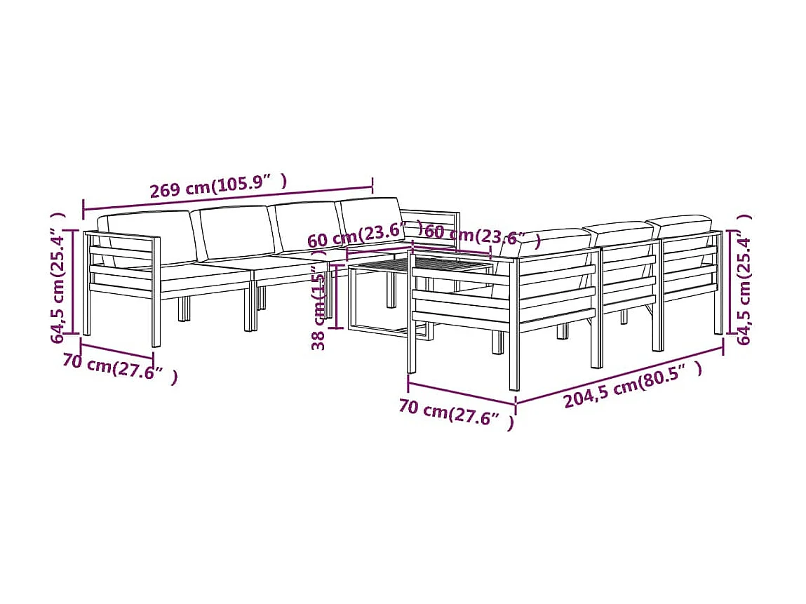 Set Divani da Giardino 8 pz con Cuscini in Alluminio Antracite