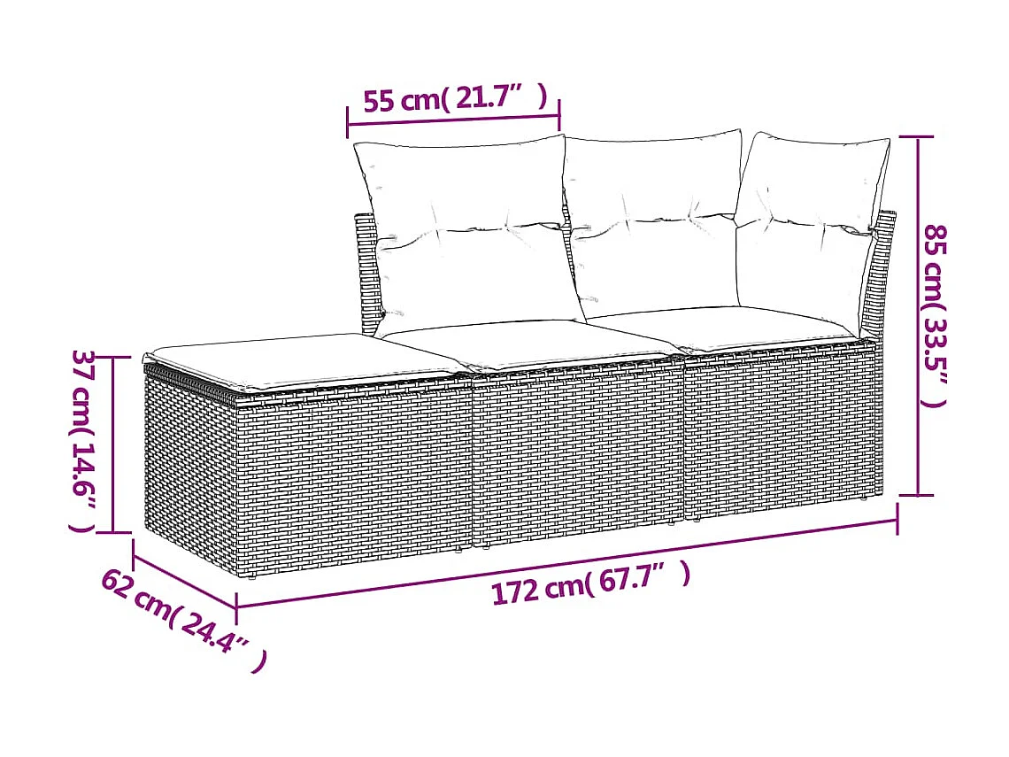 Set Divano da Giardino 3 pz con Cuscini Beige in Polyrattan