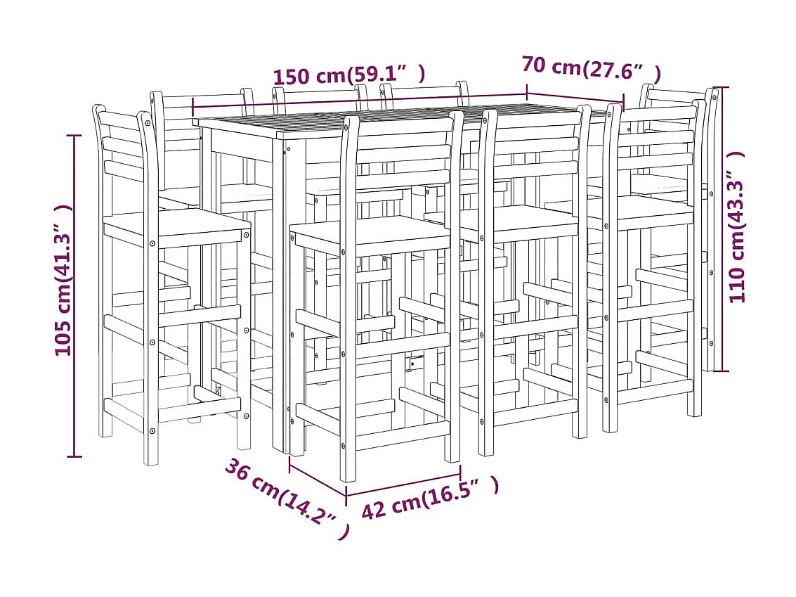 Set da Bar per Giardino 9 pz in Legno Massello di Acacia