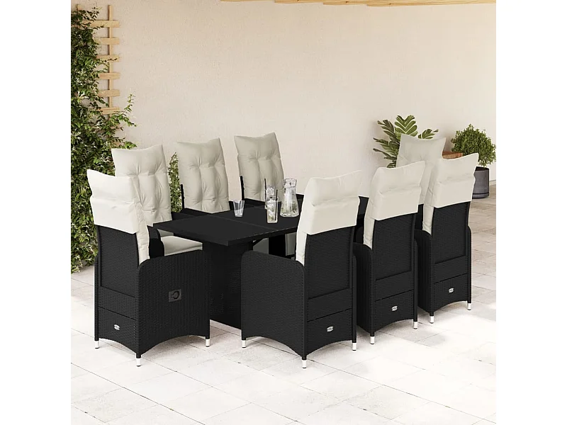 Set de mesa y sillas de jardín 9 pzas y cojines ratán PE negro