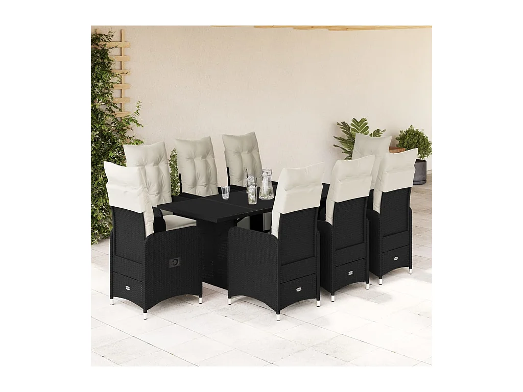 Ensemble de bistro de jardin 9 pcs coussins noir poly rotin