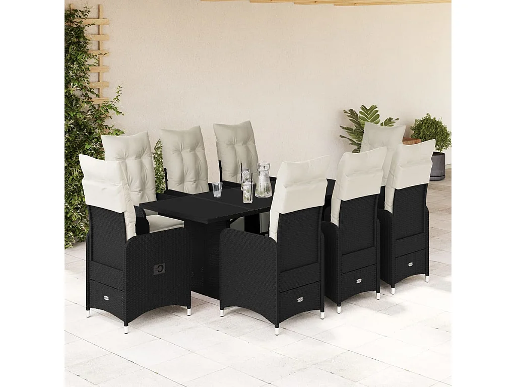 9 pcs conjunto de bistrô p/ jardim c/ almofadões vime PE preto