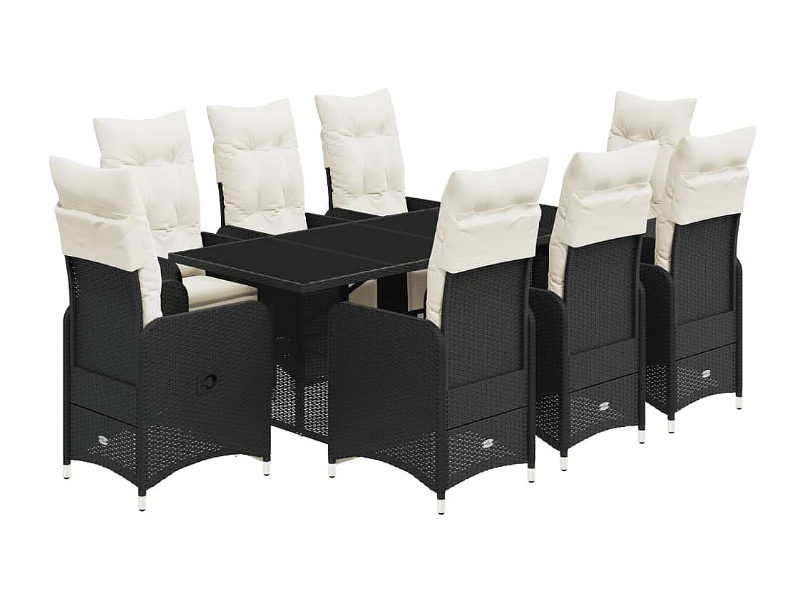 9 pcs conjunto de bistrô p/ jardim c/ almofadões vime PE preto