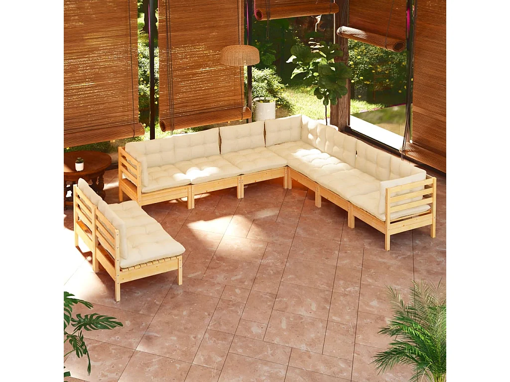 Salon de jardin 9 pcs avec coussins crème bois de pin massif