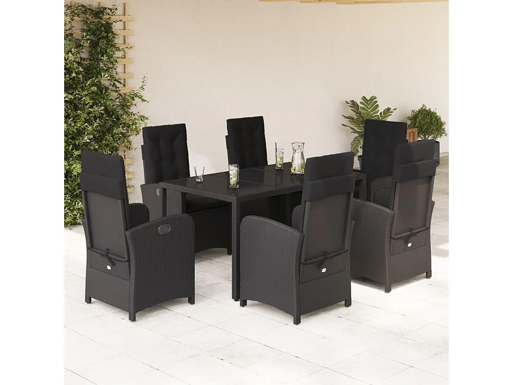 Ensemble à manger de jardin coussins 7pcs Noir Résine tressée