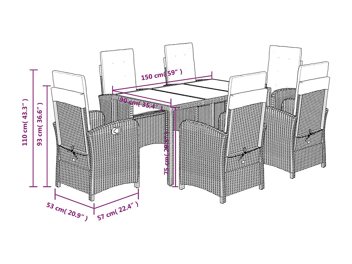 Ensemble à manger de jardin coussins 7pcs Noir Résine tressée