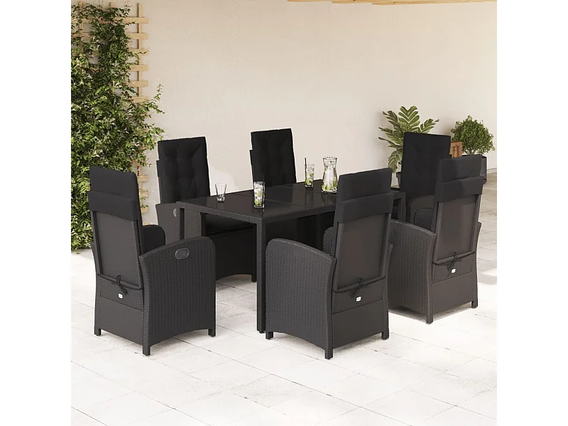 Ensemble à manger de jardin coussins 7pcs Noir Résine tressée