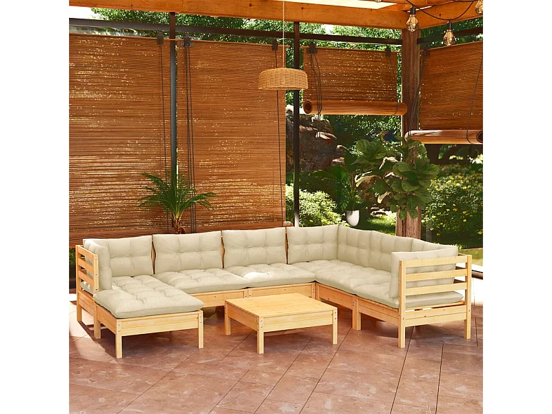 Muebles de jardín 8 pzas y cojines madera maciza de pino crema