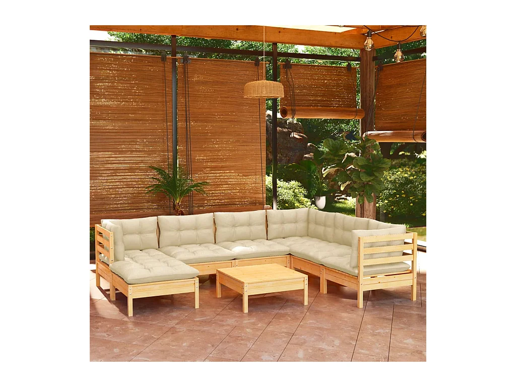 Salon de jardin 8 pcs avec coussins crème Bois de pin massif