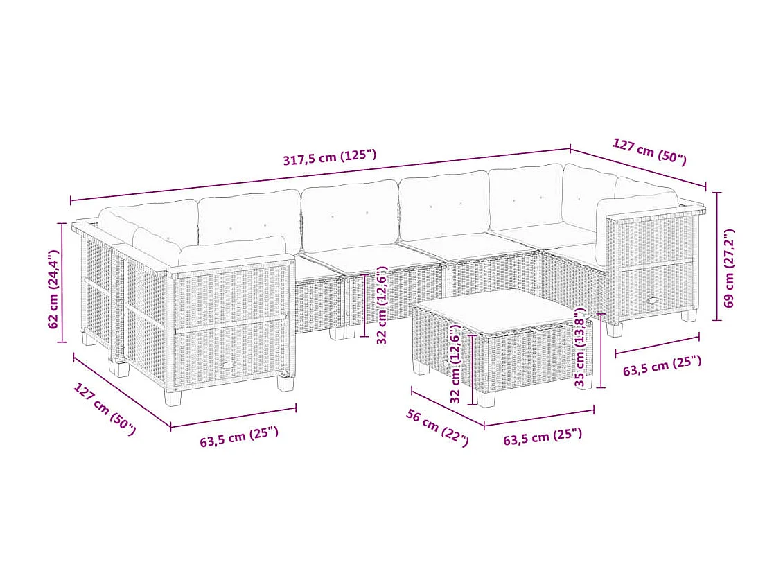 8-delige Loungeset met kussens poly rattan grijs