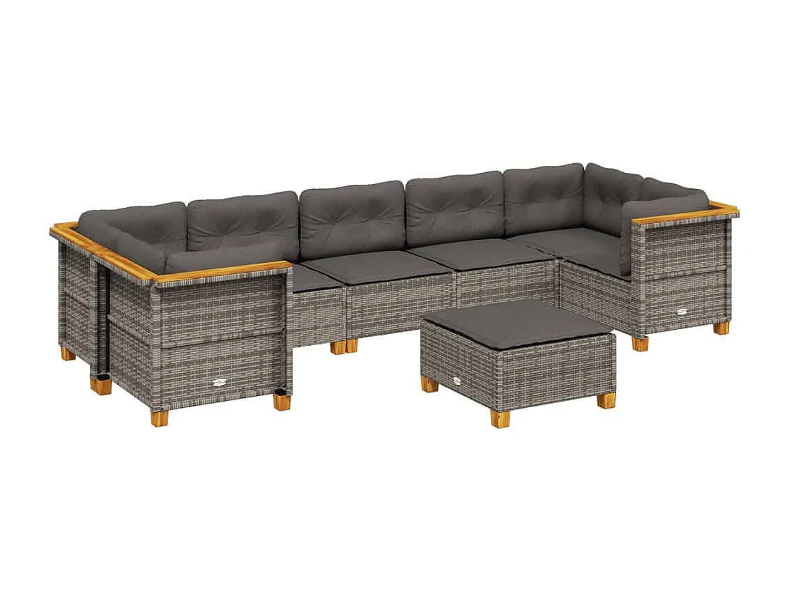 8-delige Loungeset met kussens poly rattan grijs