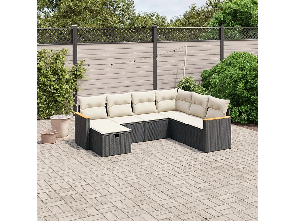 7 pcs conjunto de sofás p/ jardim c/ almofadões vime PE preto