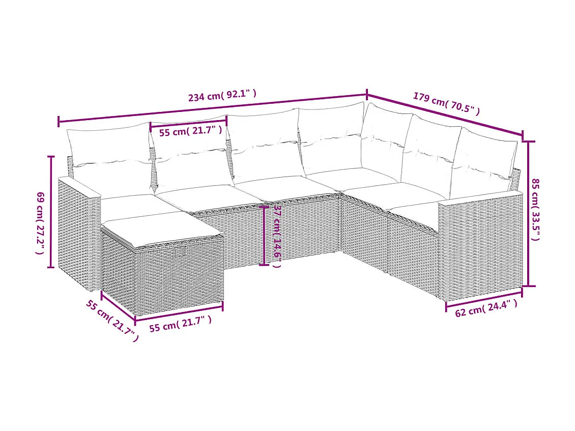 7 pcs conjunto de sofás p/ jardim c/ almofadões vime PE preto