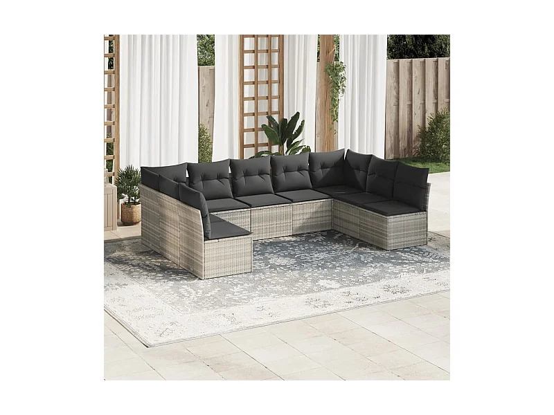 Salon de jardin 9 pcs avec coussins gris clair résine tressée