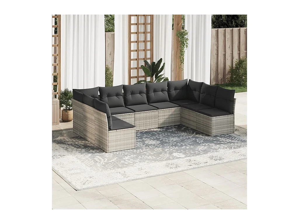 Set Divano da Giardino 9pz con Cuscini Grigio Chiaro Polyrattan