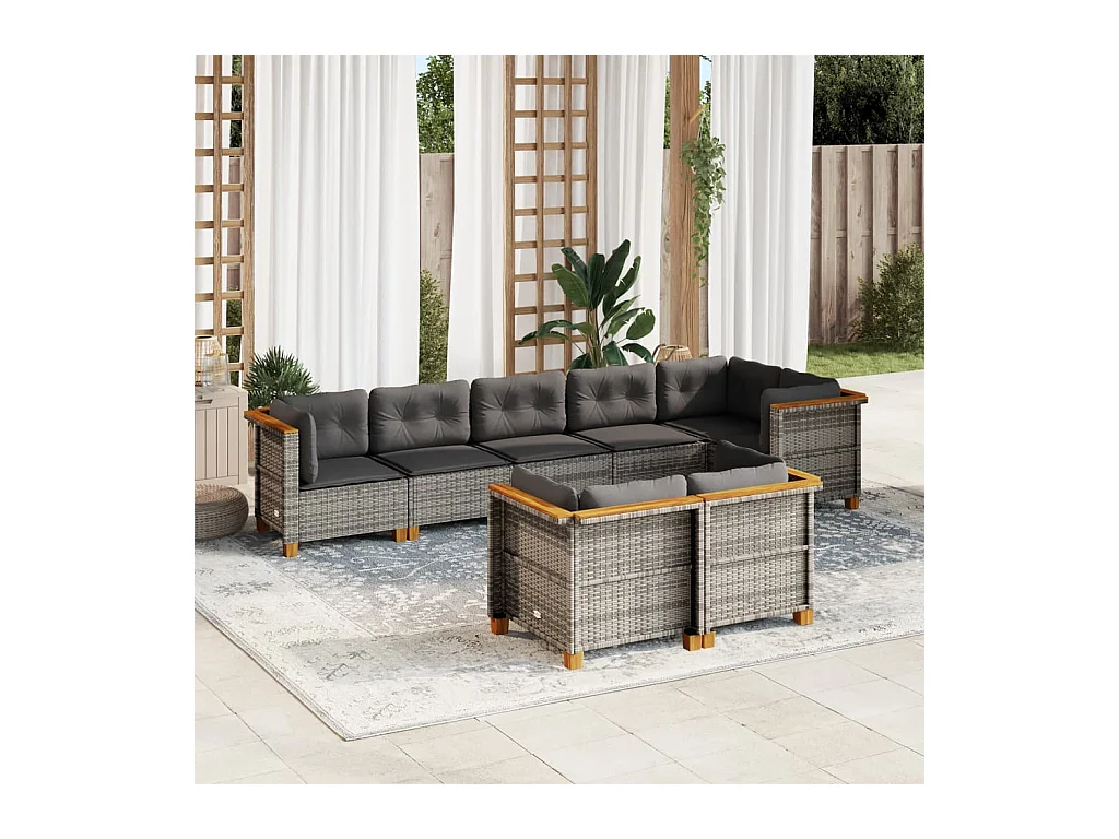 8 pcs conjunto sofás de jardim c/ almofadões vime PE cinzento
