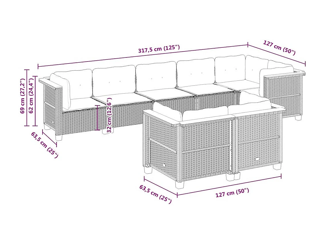 8-tlg. Garten-Sofagarnitur mit Kissen Grau Poly Rattan