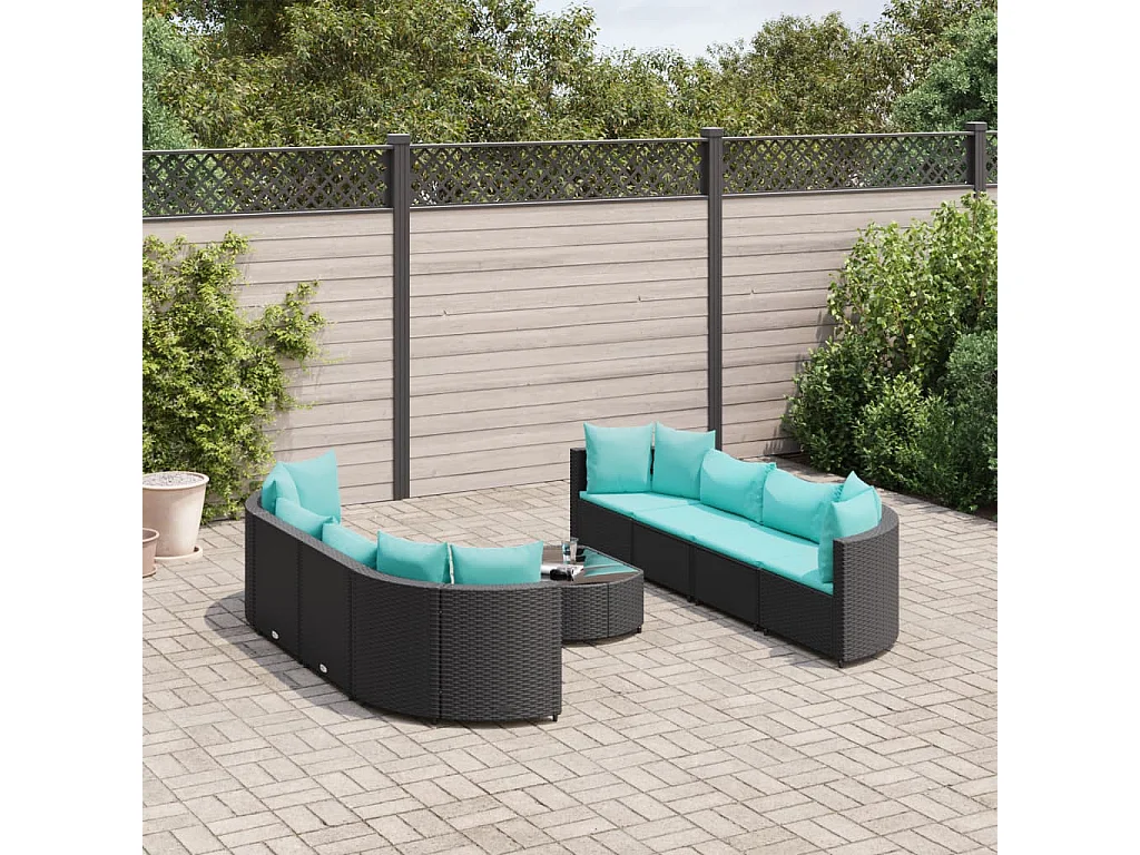 Salon de jardin 9 pcs avec coussins noir résine tressée