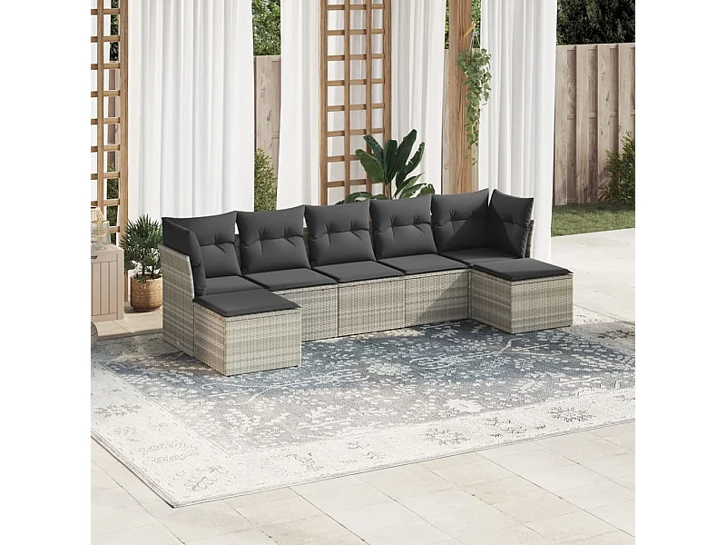 Salon de jardin avec coussins 7 pcs gris clair résine tressée