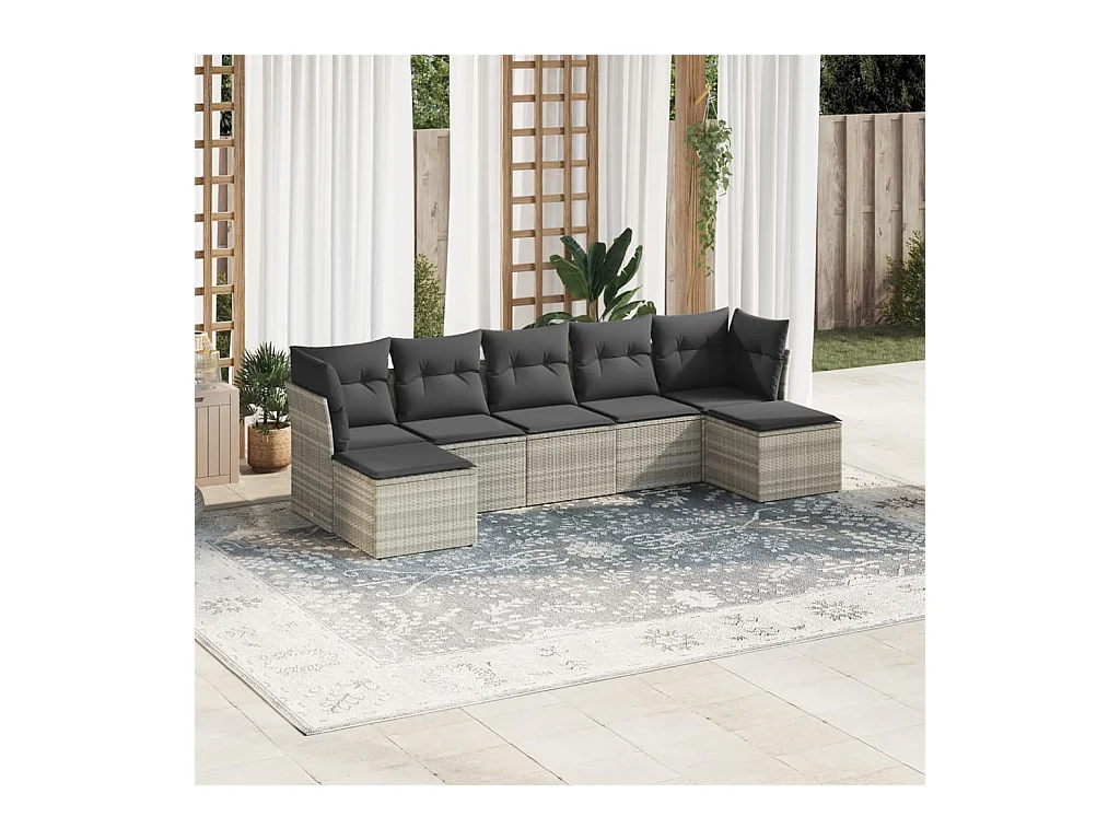 Salon de jardin avec coussins 7 pcs gris clair résine tressée