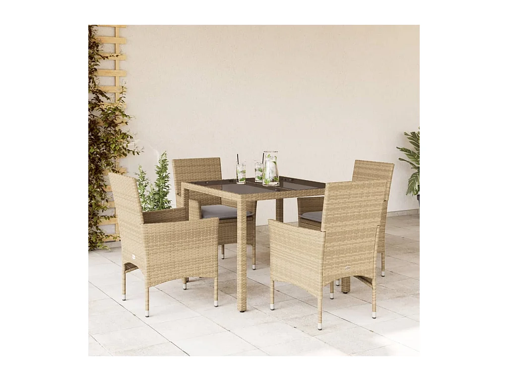 Set da Pranzo da Giardino 5 pz con Cuscini Polyrattan e Vetro