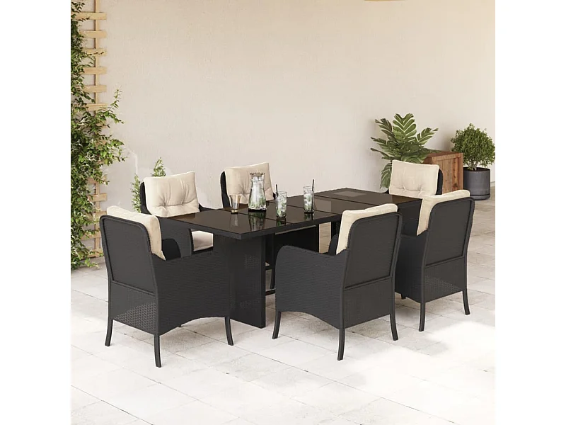Ensemble à manger de jardin coussins 7pcs Noir Résine tressée