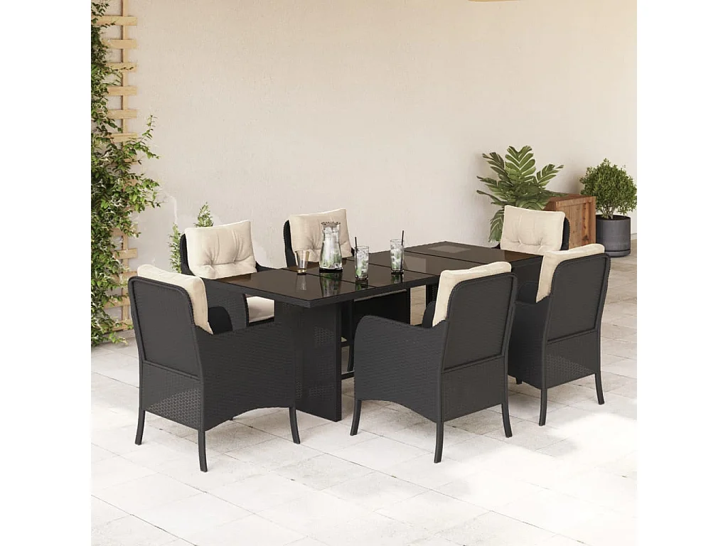 Ensemble à manger de jardin coussins 7pcs Noir Résine tressée