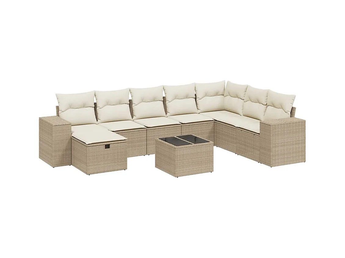 Salon de jardin avec coussins 9 pcs beige résine tressée